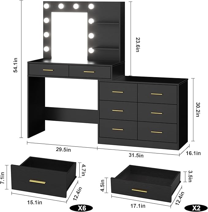 61" Vanity Desk with Mirror & Lights, White Makeup Dressing Table with 8 Drawers & 2 Shelves, 3 Lighting Modes with Adjustable Brightness for Bedroom, Black