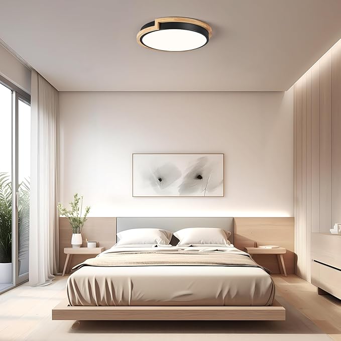Modern LED Close to Ceiling Light, Round Shape Flush Mount Ceiling Light Fixture, Matte Black with Wood Accent, Minimalist Kitchen Lighting for Bedroom, Entryway, Laundry Room, Hallway 11.8in