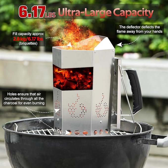 onlyfire Stainless Steel Charcoal Chimney Starter BBQ Chimney Starter for Charcoal Grill and Barbecues, Fire Starter for Outdoor Cooking, Sturdy and Easy to Use BBQ Grill Tool Grilling Accessories