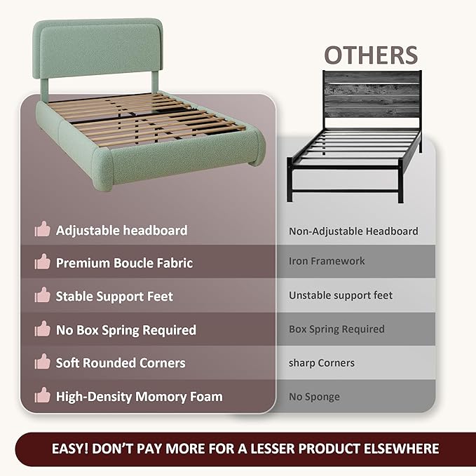 Queen Boucle Platform Bed Frame with Height Adjustable Headboard, Modern Upholstered Cloud Bed, Sleek Curved Design, No Box Spring Needed, Easy Assembly, Noise Free, Green