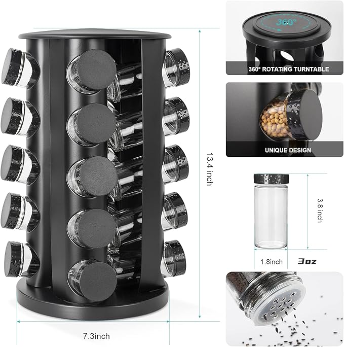 Black Countertop Rotating Spice Rack, Round Empty 20-Jars Revolving Spice Rack Organizer, 135 Spice Labels with Funnel Complete Set, for Kitchen Countertop, Cabinet