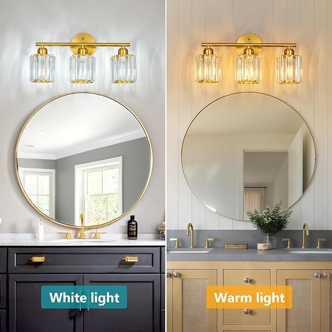 Modern 3 Light Crystal Vanity Light, Brushed Gold Vertical Bathroom Light Fixture Over Mirror for Dressing Table Sink, Compatible with Dimmable Bulbs (Bulbs Not Included)