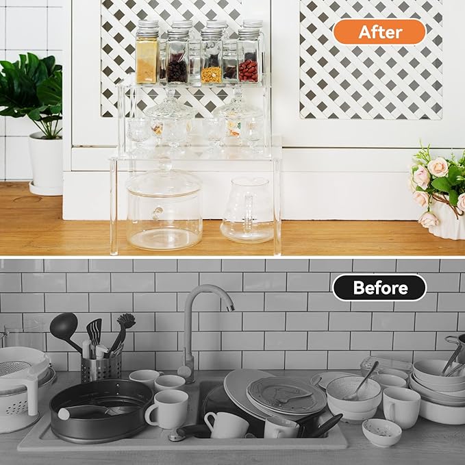Acrylic Cabinet Organizer Shelf-2 Pack,Stackable Spice Rack Organizer for Cabinet,Clear Shelves for Kitchen Organizers and Storage