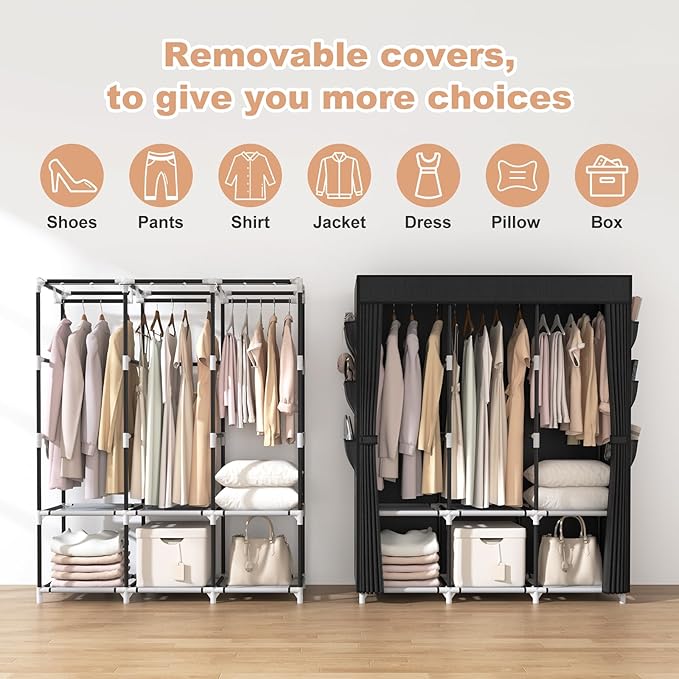 VTRIN Portable Closet Wardrobe for Hanging Clothes Closet with Cover, 3 Hanging rods, 6 Storage Shelves and Side Pocket, Diameter 19mm Metal Pipe, Sturdy Free Standing Closet for Bedroom, Black