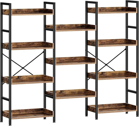 Rolanstar Bookshelf 4 Tiers with 4 Hooks, Triple Bookcase with Open Display Shelves, Industrial Wide Bookshelf with Metal Frame for Living Room, Office, Rustic Brown