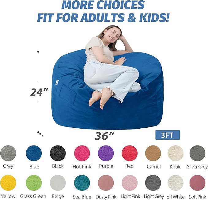 3FT Bean Bag Chair with Ultra Soft Velvet Cover Bean Bag Sofa with Memory Foam Bean Bag Chairs with Large Size Lazy Sofa for Dorm Office Living Room Bedroom Blue 3'