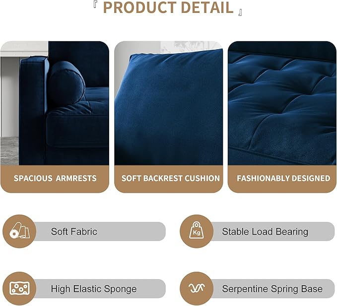 Modern Sofa,58 Inch Velvet Couch for Living Room,Spring Cushions,Easy Assembly Modern Couches with Throw Pillow for Small Spaces (Space Blue)