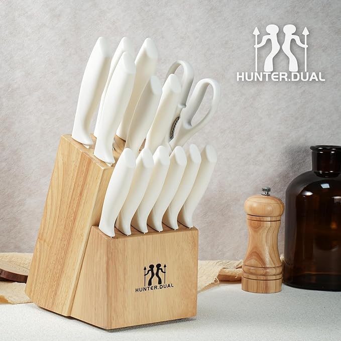 Knife Set, HUNTER.DUAL 15 Pcs Kitchen Knife Set with Block Self Sharpening, Dishwasher Safe, Anti-slip Handle (Beige)
