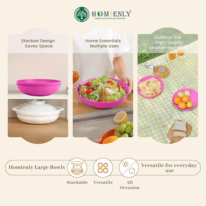 Homienly Wheat Straw Large Salad Bowls, 60 OZ Large Serving Bowls for Kitchen, Camping, Party, Microwave and Dishwasher Safe, Unbreakable Lightweight Big Bowls for Fruit, Salad (Pink)