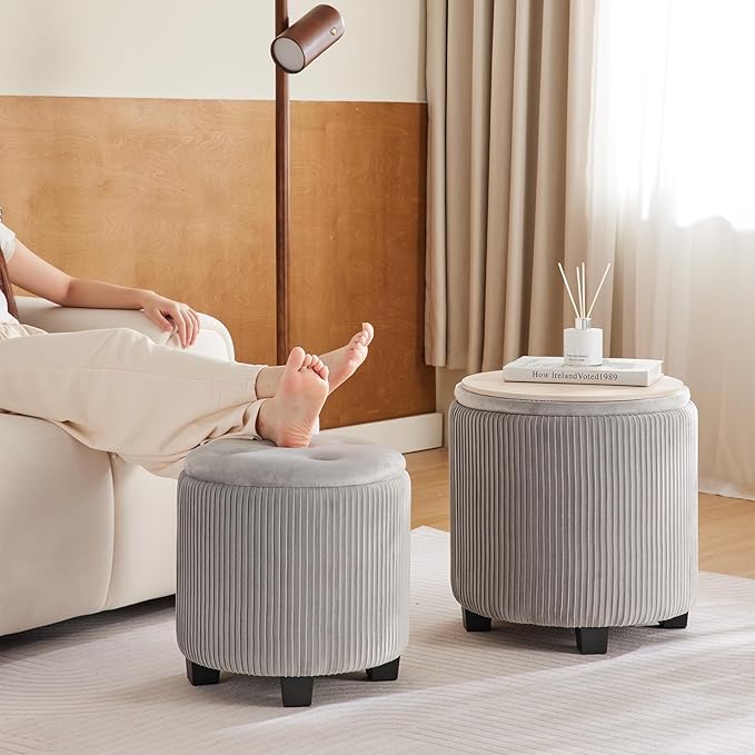 Big Round Ottoman with Storage Set of 2,Upholstered Velvet Vanity Stool for MakeupMultifunctional Foot Rest Coffee Table Padded Seat Tufted Ottomans for LivingRoom&Bedroom(Grey)