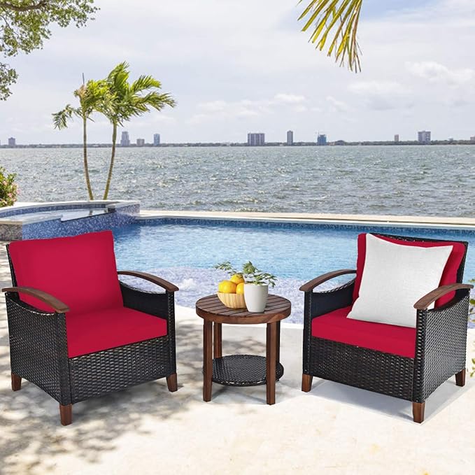 Tangkula 3 Pieces Patio Furniture Set, Outdoor Rattan Sofa and Side Table w/Solid Acacia Wood Frame, High Load Bearing Conversation Bistro Set w/Washable and Removable Cushions (Red)