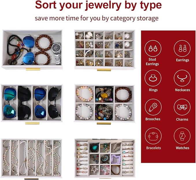 BOOVO Jewelry Box with Necklace Hanger – 6 layer Jewelry Organizer for Women with 5 Drawers, Large Jewelry Storage Boxes –Jewelry Organizers and Storage for Earrings, Necklaces (White, 6 layer)