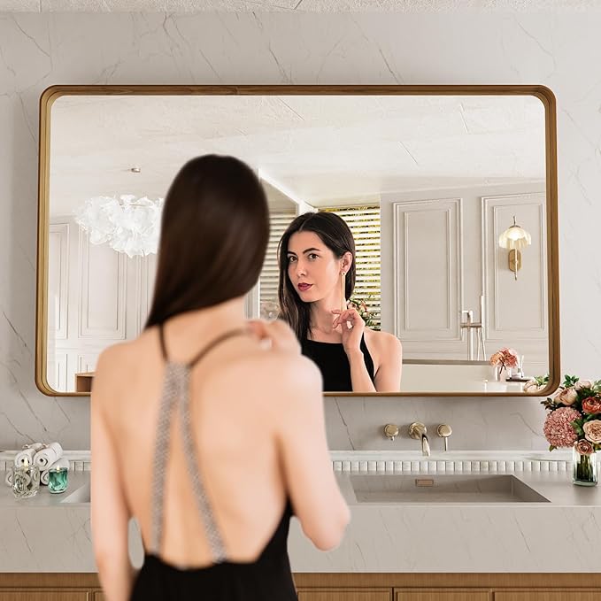 LOAAO 60X36 Inch Bathroom Mirror with Wood Grain Colored Metal Frame, Rounded Rectangle Metal Framed Bathroom Mirror, Anti-Rust, Hangs Horizontally or Vertically, Tempered Glass