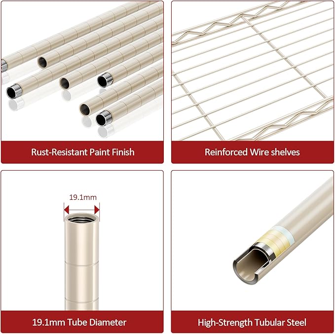 IZEUK 4 Tier Steel Storage Shelves, Heavy Duty Metal Shelf Wire Shelving Rack for Pantry, Kitchen, Living Room, or Bathroom Organization (11.8" D x 23.6" W x 47.5" H, 1000LBS, Light Tan)