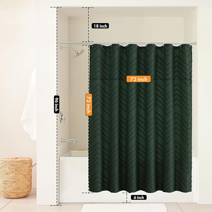 Dark Green Boho Shower Curtain 72 x 72 Inches Woven Fabric Shower Curtain Tufted Chervon Textured Shower Curtains Modern Minimalist Shower Curtains for Bathroom