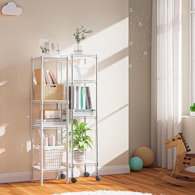 Storage Shelves Adjustable, 4 Tier Shelving Units for Storage with Wheels, Corrosion Resistant Wire Shelving Unit for Kitchen Closet Bathroom Office, Chrome 11.8" D x 11.8" W x 48.1" H