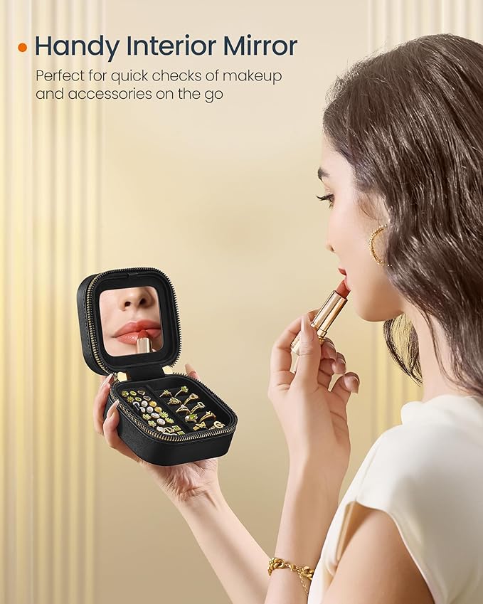 SONGMICS HOME Travel Jewelry Case, Small Jewelry Box Organizer with Mirror, 4.1 x 4.1 x 2.4 Inches, PU Surface with Stitching, Portable, Ink Black, ANAH Collection UJBC179B01