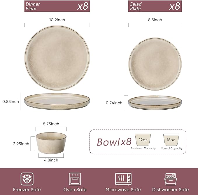 Herogo Stoneware Plates and Bowls Sets for 8, 24 Pieces Modern Dinnerware, Reactive Glaze Dishes Set for Kitchen, Chip Resistant, Microwave & Dishwasher Safe, Cream Khaki