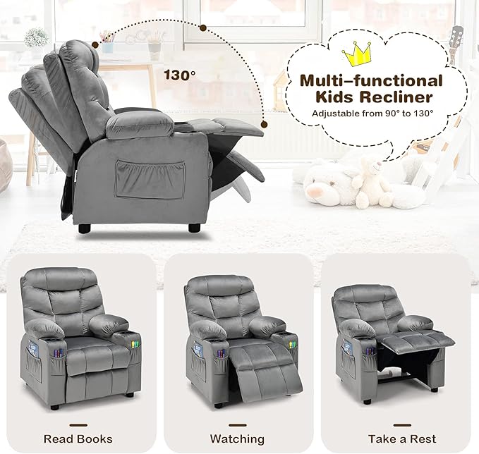 Costzon Kids Recliner Chair with Cup Holder, Adjustable Velvet Lounge Chair w/Footrest & Side Pockets for Children Boys Girls Room, Ergonomic Toddler Furniture Sofa Gifts, Kids Recliner (Gray)