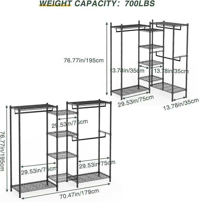 LEHOM G6M Heavy Duty Clothes Rack for Hanging Clothes, Portable Garment Rack Compact Size Closet Organizer, Freestanding Metal Clothing Rack Wardrobe Closet with Storage Shelves for Bedroom(Medium)
