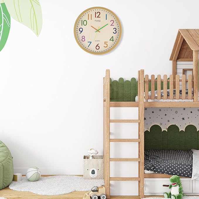 Foxtop 14 Inch Kids Wall Clock Silent Non-Ticking Battery Operated Colorful Childrens Wall Clock for Classroom Playroom Nursery Bedrooms Kids Room School