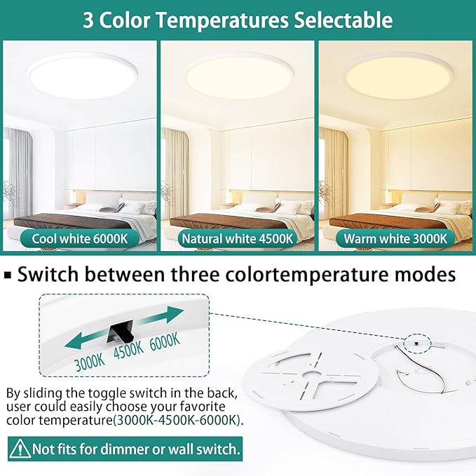 24 Inch Dimmable LED Ceiling Light Fixture, Ultra Thin Flush Mount, 48W 4800Lumen, 3 Color Changeable, Round, White, for Dining Room, Living Room, Bedroom, Office, Hotel