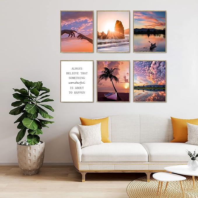 HoozGee Sunset Wall Art Prints Travel Photo Set of 6 Enjoy Dusk Dream View Picture Posters Gift for Photography Fans Nautical Themed Home Decor for Living Room Wall Decor (11"x14" UNFRAMED)