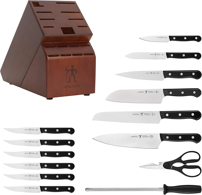 HENCKELS Solution Razor-Sharp 15-pc Knife Set, Chef Knife, Bread Knife, Steak Knife, German Engineered Informed by 100+ Years of Mastery, Black/Stainless Steel