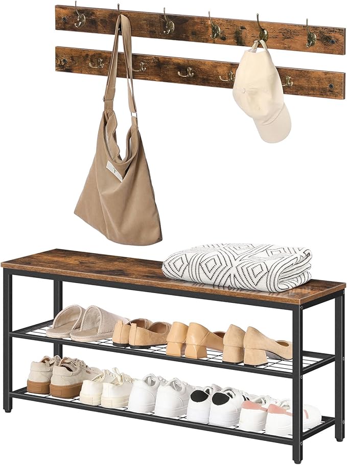 HOOBRO Hall Tree with Bench, Coat Rack Shoe Bench Set, Entryway Shoe Rack with Coat Hooks, Hall Tree, 39.4" L x 11.8" W x 18.1" H, Industrial, for Front Door, Rustic Brown BF071MT01G1