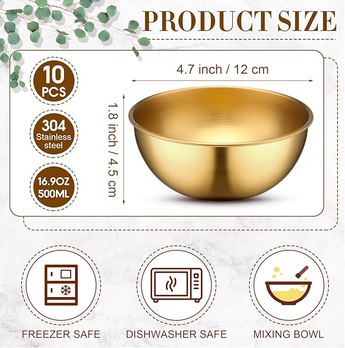 Nuogo 10 Pcs Stainless Steel Mixing Bowls Decorative Esthetician Bowls for Wedding Party Baking Prepping Serving Facial Food Salad Fruit Snack Soup Cereal(4.7 Inch,Gold)
