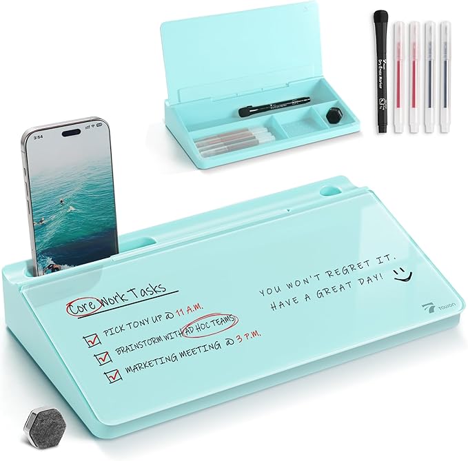 TOWON Small Compact Glass Desktop Whiteboard with Storage – 12 x 7 in Dry Erase Board for Desk, Home Office, School | Includes 5 Markers, Eraser & Holder | Space-Saving Organizer, Aesthetic Teal Blue