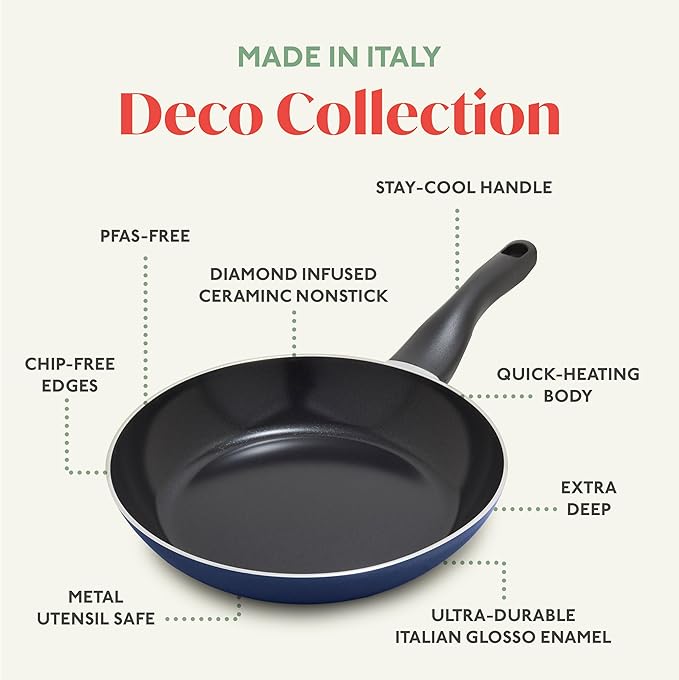 Deco 8” Nonstick Frying Pan Skillet, Made in Italy, Diamond Ceramic PFAS-Free, Dishwasher & Metal Utensil Safe, Durable Gloss Enamel Finish, Stay-Cool Handle, High Walls-Extra Room, Blue