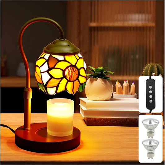 Candle Warmer Lamp with Timer Dimmer, Adjustable Height Candle Warmer for Jar Candles, Birthday Gifts for Women New Home Bedroom Decor Tiffany Sunflower Style Stained Glass with 2 Bulbs