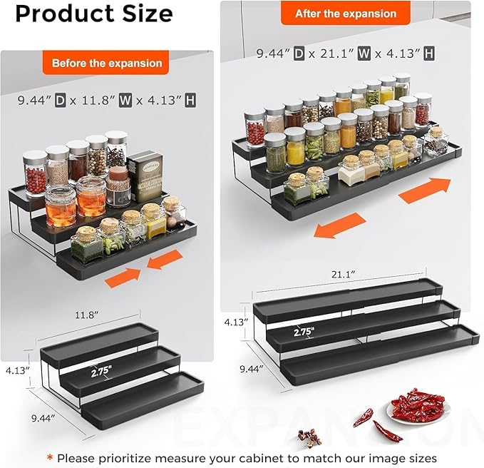 2 Pack Expandable Spice Rack Organizer for Cabinet - 3 Tier Adjustable Cabinet Spice Organizer Easy Visibility - Spice Organizer for Cabinet Countertop Cupboard Pantry Organization (Black)
