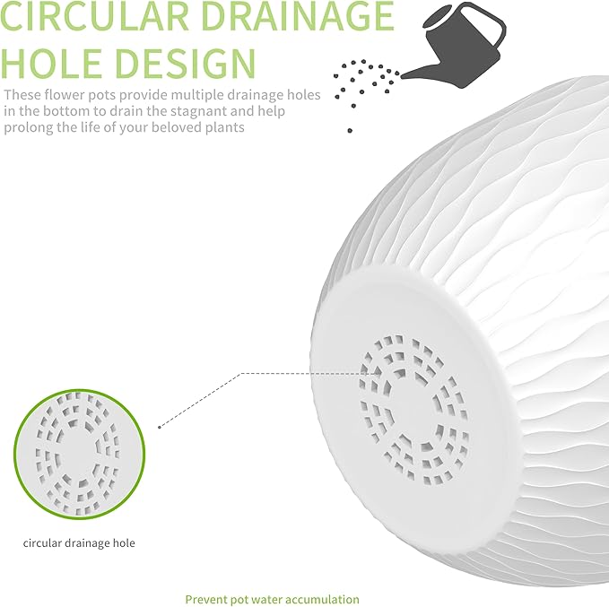 12/10/9 Inch Plant Pots, 3 Pack Large Flower Pots for Indoor and Outdoor Plants with Water Ripples, Large Plastic Flower Pots with Drainage Holes and Tray for Garden Indoor Plants,White