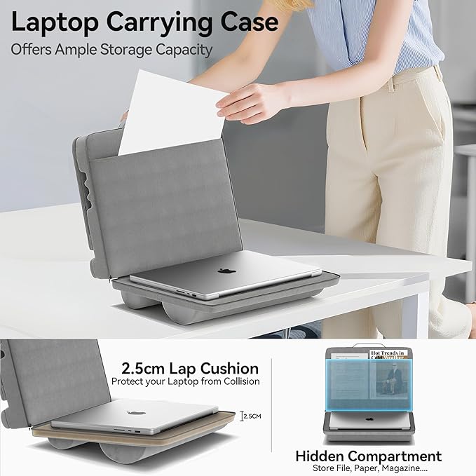 Laptop Lap Desk with Cushion, Adjustable Lap Desk Pillow with Storage, Portable Lap Table for Adults Student, Laptop Stand for Bed Office College Dorm Home Room Couch, Fits Up to 14.9" PC Tablet, Gray