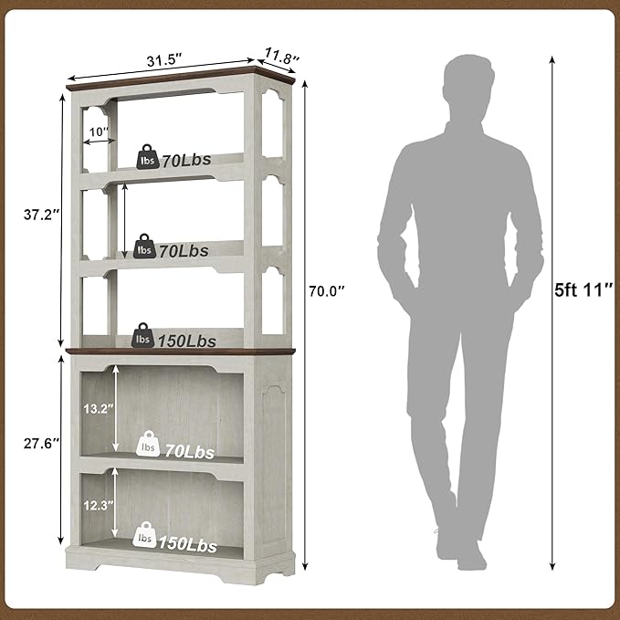 Tall Bookcase, 70 inch Height, 5-Tier Open Storage Shelf, 31.5 in Wide Standing Bookshelves for Home, Office, Bedroom, School, Library, 31.5W * 11.81D *70H (White Espresso, Hollowed Shelf)