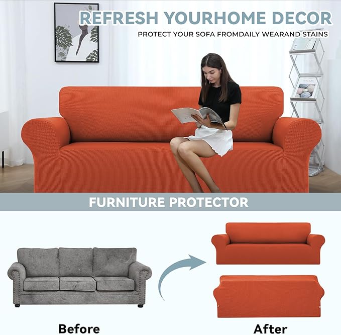 LURKA Stretch Sofa Slipcovers 1 Piece Couch Covers for 3 Cushion Couch Sofa Furniture Protector Full Sofa Covers with Elastic Bottom for Kids and Dog (Large, Pumpkin)