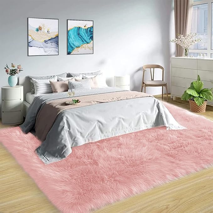 Latepis Big Pink Area Rugs for Living Room 6.7x10 Faux Sheepskin Fur Rug Washable Fluffy Rugs for Bedroom Fuzzy High Pile Plush Rug for Girls Room Luxury Home Decor