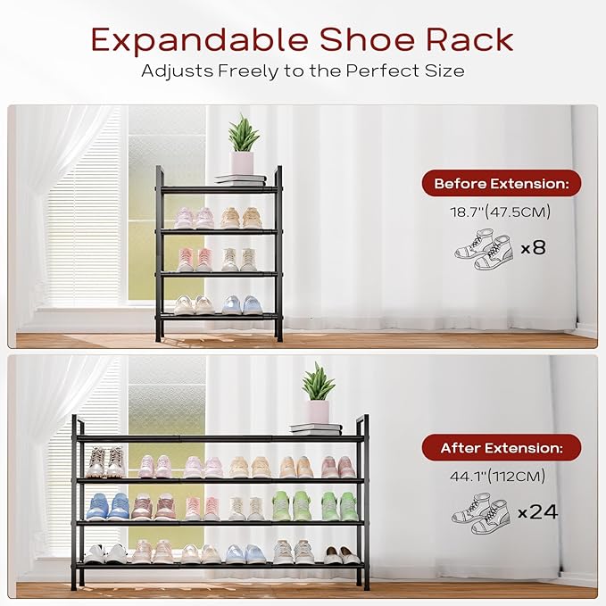 Bumusty 4-Tier Long Expandable Shoe Rack for Closet, 18"-44" Adjustable Shoe Rack for Entryway, 20-24 Pairs Large Shoe Organizer Shelf Storage, Sturdy Metal, Black