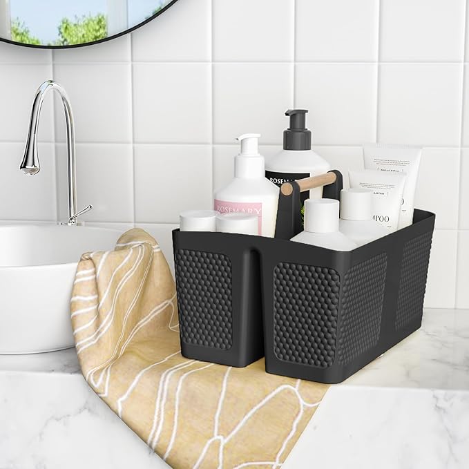 Shower Caddy Portable and Cleaning Caddy Organizer for Bathroom, Kitchen, Toiletries Storage ，Caddy organizer with handle, Rust-Resistant, Durable Material (Black, 9.36" L×7.73" W×7.24" H)
