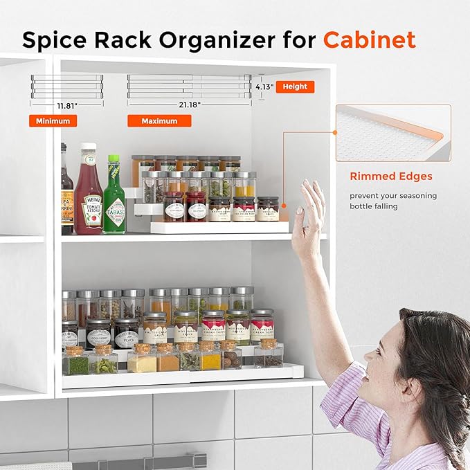 2 Pack Expandable Spice Rack Organizer for Cabinet - 3 Tier Adjustable Cabinet Spice Organizer Easy Visibility - Spice Organizer for Cabinet Countertop Cupboard Pantry Organization (White)