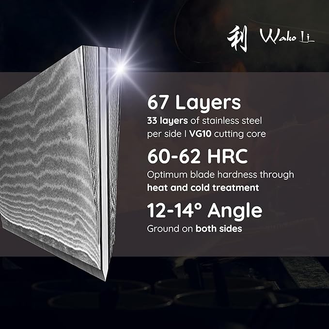 Wakoli EDIB Damascus Meat Knife – 7-inch blade made of 67 layers of Damascus steel with VG10 core, ergonomic Pakkawood Handle, for Meat, Fish, BBQ, Roasts & more – in Gift Box