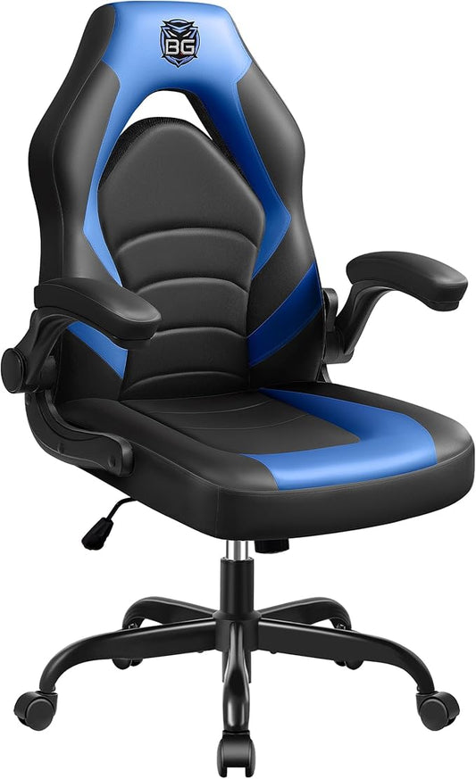 Gaming Chair, Leather High-Back Home Office Desk Chair with Flip-Up Arms, Ergonomic Padded Rolling Wheels Swivel Tilt Gamer Computer Chair with Comfy Lumbar Support, Height Adjustable, Blue