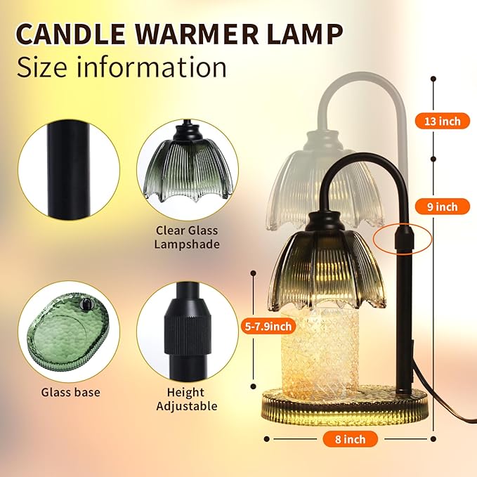Candle Warmer Lamp with Timer: Adjustable Height and 4 Dimmer, Crystal Glass Base, Heater Wax Warmer for Jar Scented, Home Décor and Housewarming & Birthday Gift for Mom Woman, 2 Bulbs (Dark Green)