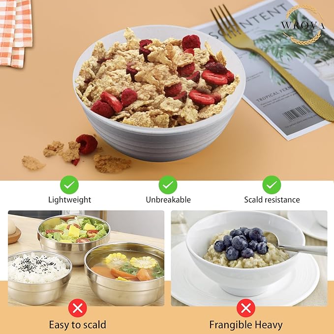 Wheat Straw Bowls Set of 8, Unbreakable White Cereal Bowl 26OZ, Microwave and Dishwasher Safe Oatmeal Bowls, Kitchen Bowl Suitable for Cereal,Salad,Snack (White)