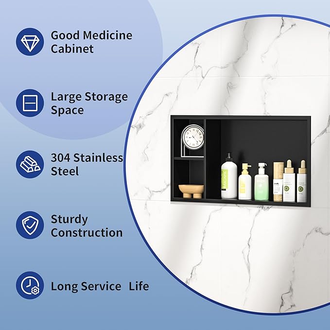 Stainless Steel Shower Niche 24" X 12" Matte Black No Tile Needed Horizontal Niche Shower with Shelf Recessed Wall Niches for Bathroom Storage