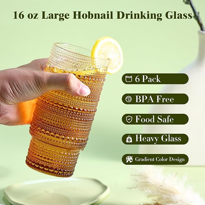 6pcs Hobnail Drinking Glasses Set, 16 oz Vintage Glassware Drinking Glasses, Gradual Amber Water Glasses Tumbler, Thanksgiving Cups for Kitchen, Juice, Beer, Cocktail, Whiskey