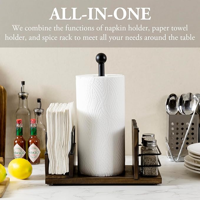 MyGift Rustic Burnt Solid Wood and Industrial Matte Black Metal Dining Combination Caddy with Paper Towel Roll Dispenser Stand, Napkin Holder, and Spice Rack