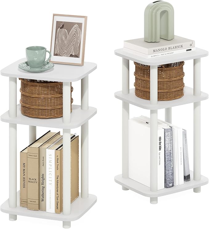 Furinno Just 3-Tier Turn-N-Tube Curve End Table, Side Table, 2-Pack, White/White